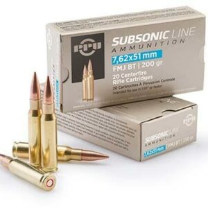 PPU Subsonic Rifle Ammunition 7.62x51mm 200 gr FMJBT 1050 fps 20/ct