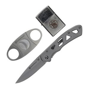 Smith & Wesson Folding Knife Cigar Cutter and Lighter Combo 3" Drop Point Blade Silver
